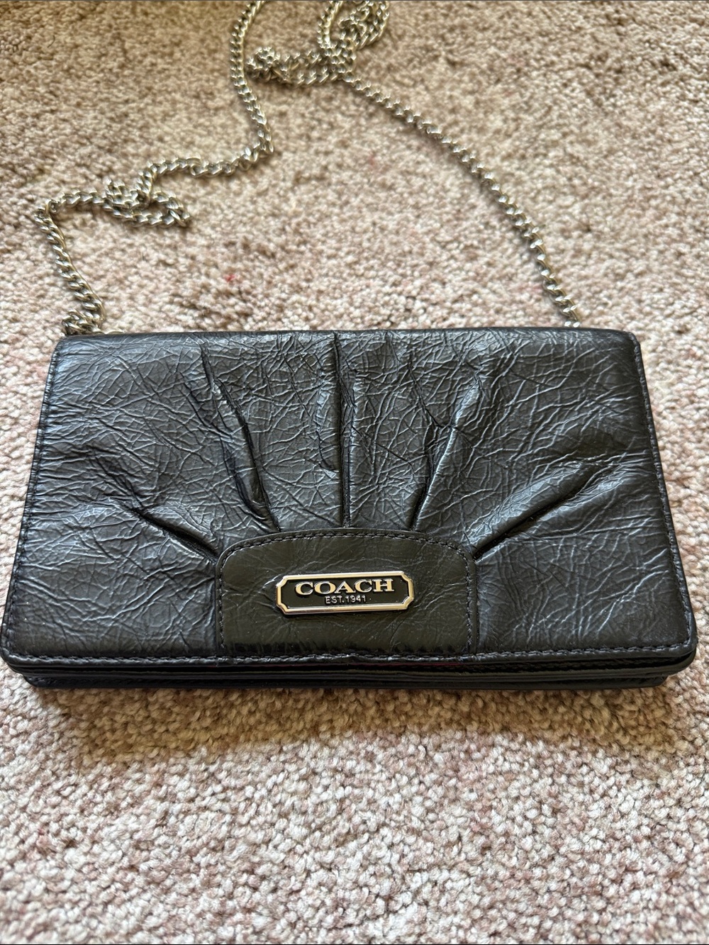 Coach Black Leather Chain Wallet Crossbody with Silver Hardware